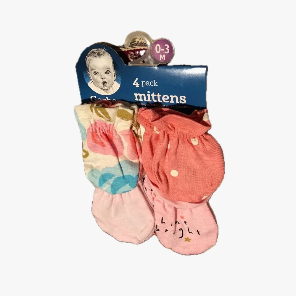 Gerber Anti-Scratch Mittens Girl Pink 4 Pack Cotton Sz 0-3 M Up to 12 lbs